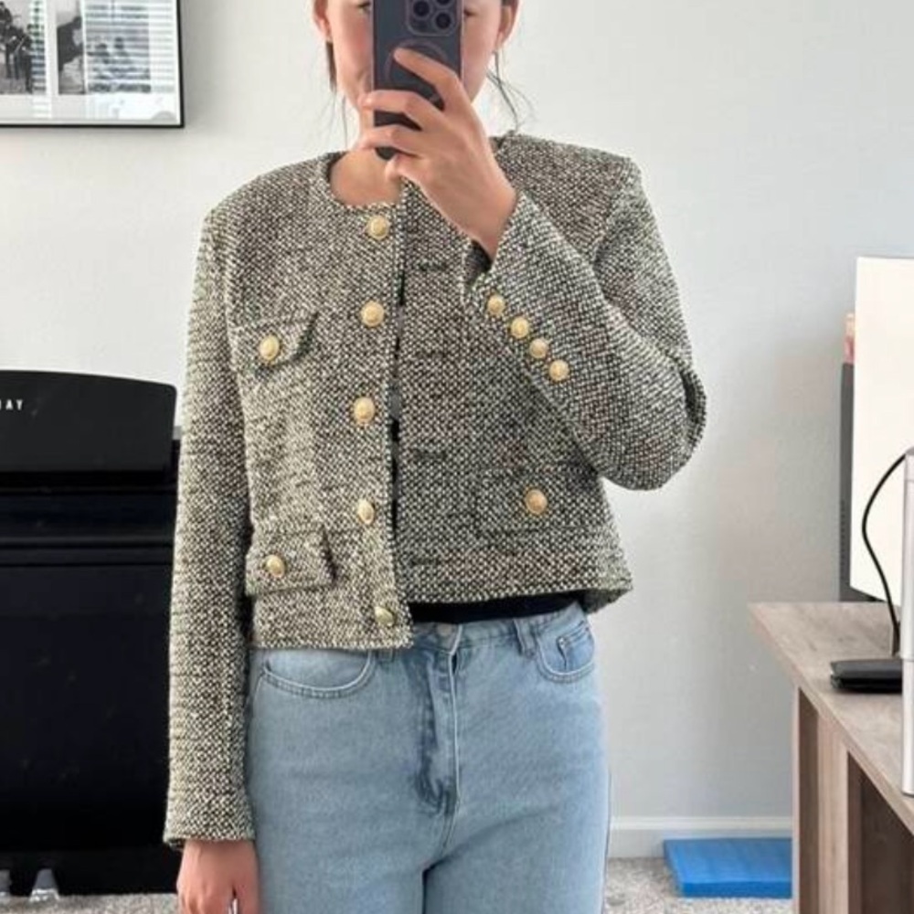 2 piece set- Green/ivory tweed textured collarless blazer cardigan & mini skirt - Picture 14 of 16